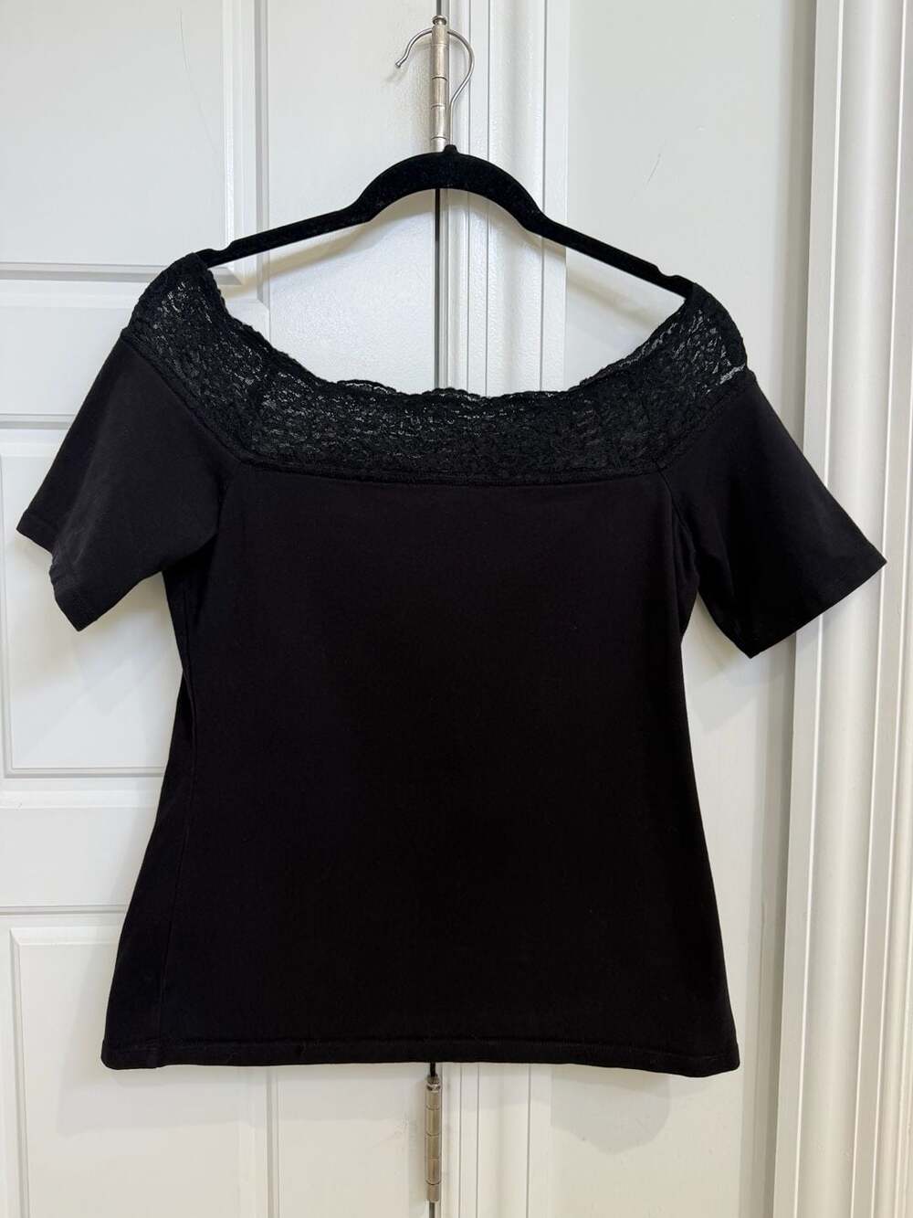 Decree Black Lace Trim Off-Shoulder Top, Short Sleeve, Size L
